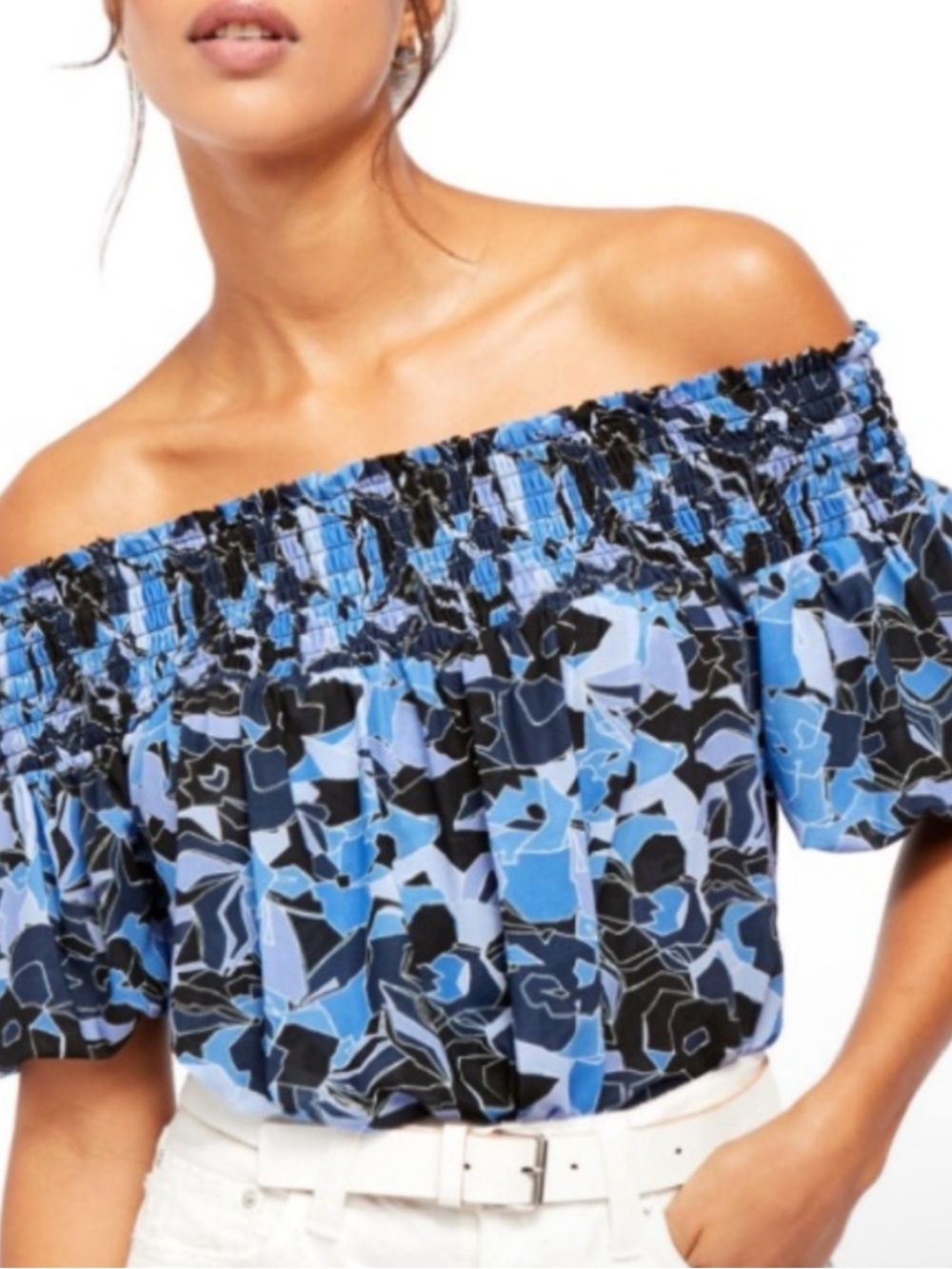 Free People Blue and Black Off-Shoulder Smocked Floral Blouse